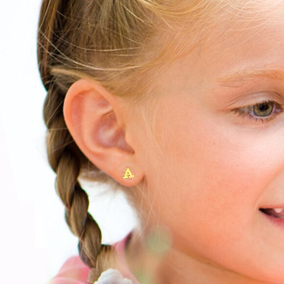 14k Gold Mini Alphabet Earrings Studs Sold as a Pair Fit for any Age - Picture 14 of 17